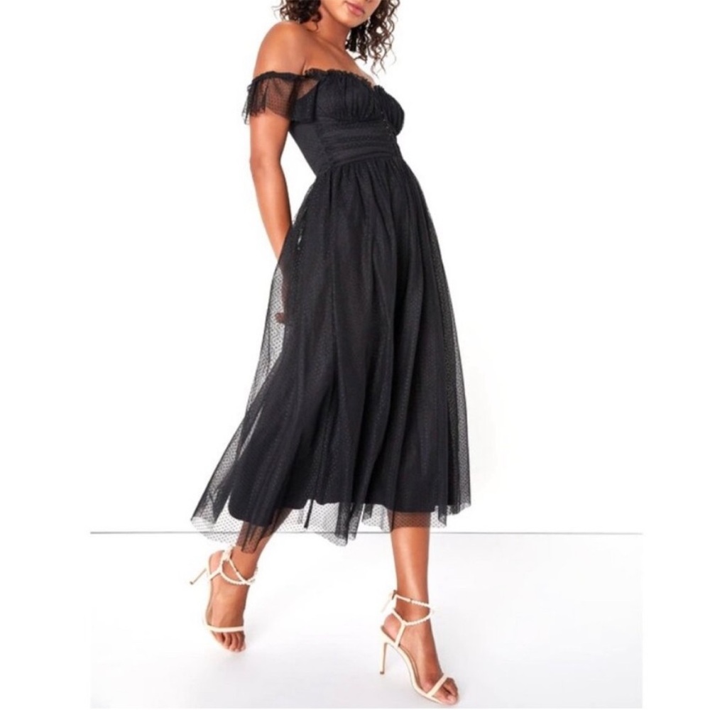 LULU’s Regal Radiance Black Tulle Corset Bustier Midi Dress M